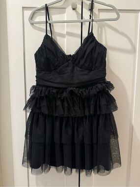 Lulu's Black Ruffled Tulle Slip Dress with Adjustable Straps